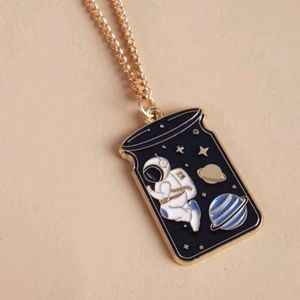Gold Tone Astronaut Planets Space Necklace